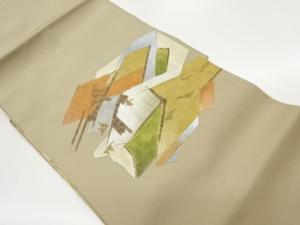 作家物　塩瀬金彩手描き抽象に鳥模様名古屋帯